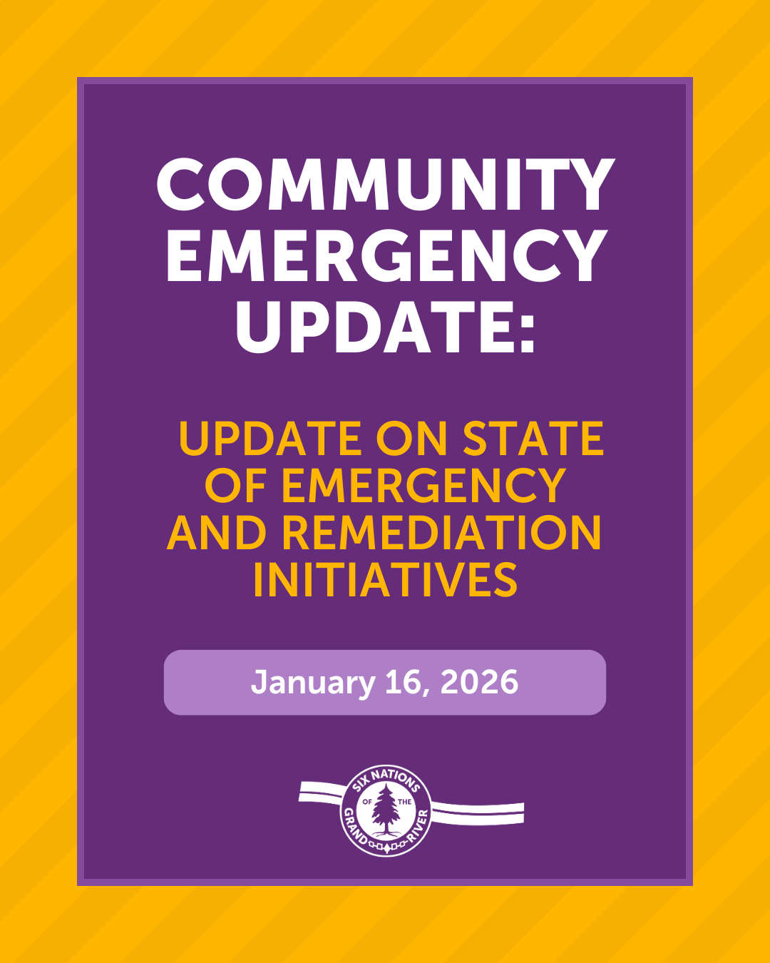 COMMUNITY EMERGENCY UPDATE: UPDATE ON STATE OF EMERGENCY AND REMEDIATION INITIATIVES
For Immediate Release: January 16, 2026 - OHSWEKEN. ON - Six Nations of the Grand River (SNGR) remains under a State of Emergency as response and remediation efforts continue following the flooding that occurred on June 18, 2025.
Significant progress has been made in restoring impacted facilities. Of the fifteen buildings initially affected, only five remain under remediation.
Preparations are underway to relocate Iroquois Lodge residents to the Fox Ridge facility at 389 West Street, Brantford, with the move potentially scheduled for mid-February. SNGR is working with the City of Brantford to finalize a two-year lease for Fox Ridge and is in discussions with the Ministry of Long-Term Care to secure financial arrangements for ongoing Iroquois Lodge recovery efforts.
HDR, the contractor for the new Iroquois Lodge build, will present the selected building plan—chosen with input from Power of Attorneys and residents—at the General Council meeting on January 27, 2026.
Nia:wen kowa to the community for its patience, resilience, and continued support during this challenging time. Your cooperation and understanding have been vital to our progress, and together we are moving toward full recovery.
-30-
Media Contact Information:
Chasity VanEvery, Director of Communications I Emergency Information Officer, P: (519) 751-6148, 1695 Chiefswood Road, P.O. Box 5000, Ohsweken, ON NOA 1M0
