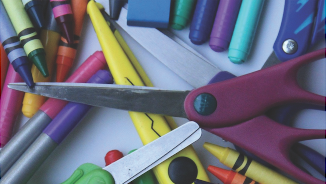 crayons, scissors, markers for fun time at a daycare