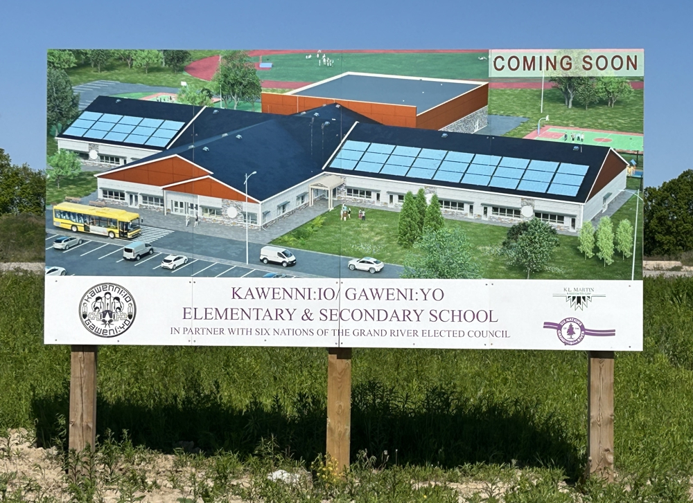 An artist's conception of the new KAWENNÍ:IO/GAWENÍ:YO SCHOOL  taken from the bill board on the lot of where the new school is to be built